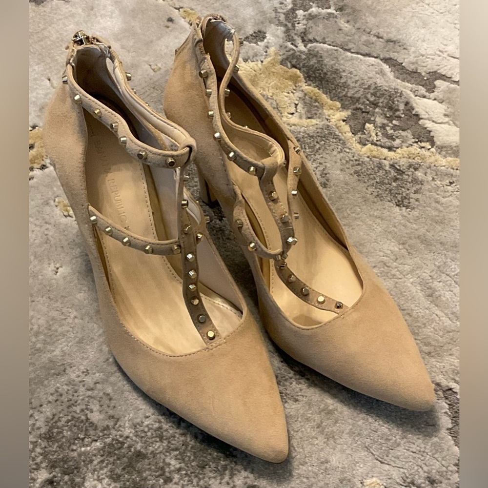 Beige Suede T-strap Pump - Picture 2 of 4